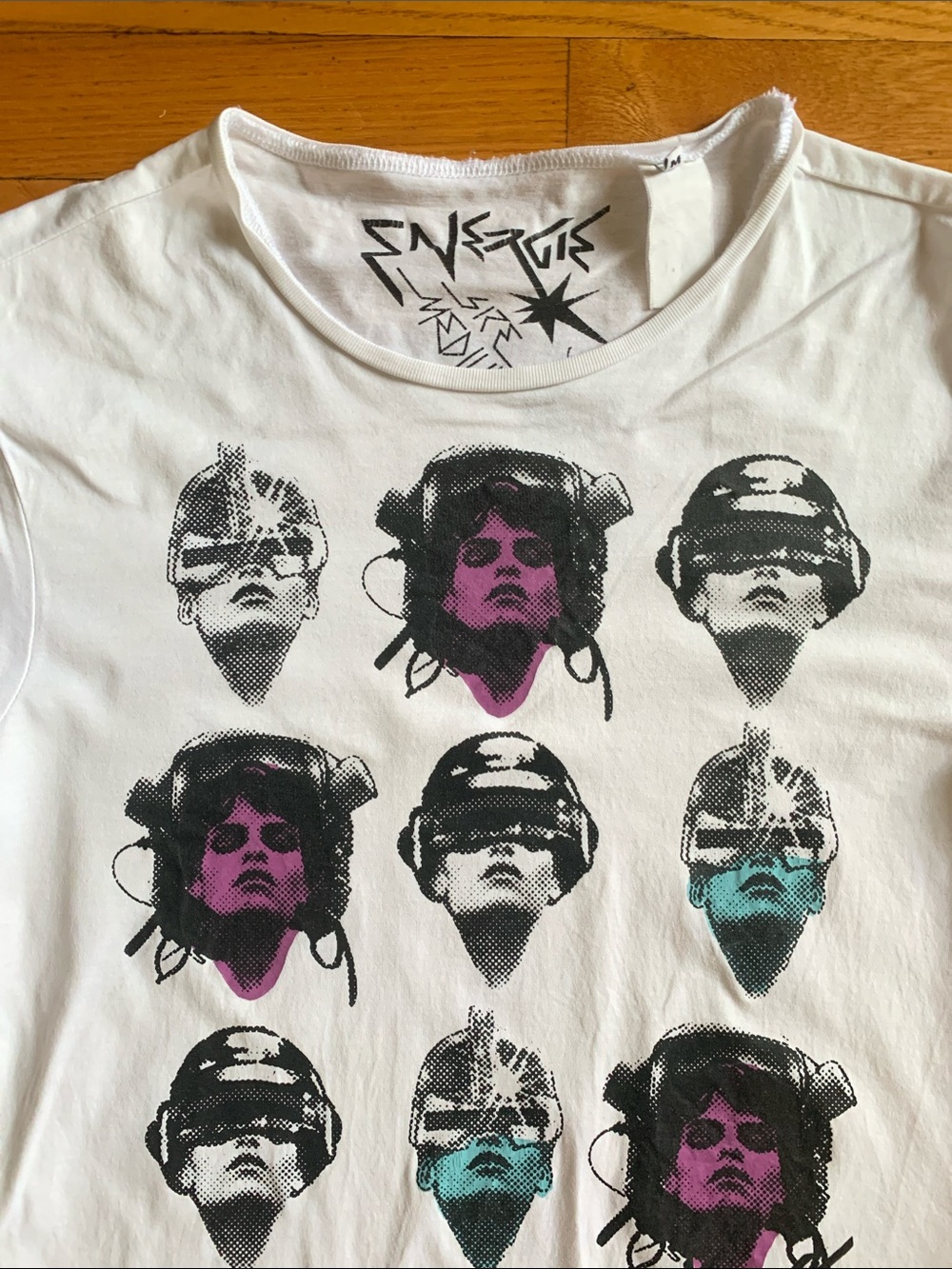 Energie Graphic White T-Shirt with Pop Art Helmet Faces (Medium)